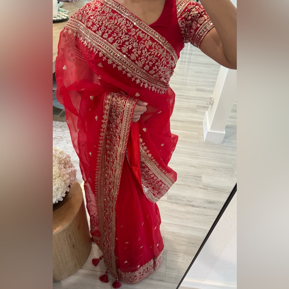 Red and Gold Embroidered Muslin Saree